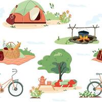 Picnic and camping seamless pattern. Adventure and relax in nature. Tent, picnic basket, food, guitar and bonfire. Outdoor leisure print great for textiles, banners, wallpaper vector