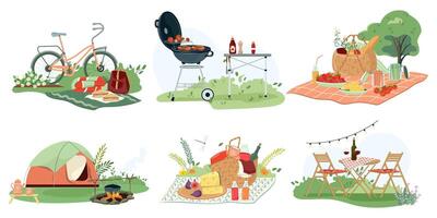 Flat set of picnic compositions. Hand drawn illustrations baskets full of delicious, bbq grill, furniture, camping with tent for relax outdoor. clipart with hampers for food and blanket vector
