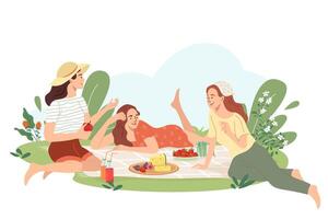 joven mujer a picnic en el parque. haz de contento muchachas comiendo gastar hora juntos en el césped al aire libre. amigos relajante y apoyo cada otro en verano vacaciones. plano dibujos animados ilustración vector