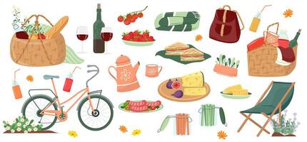 conjunto de verano picnic comida diseño elementos. dibujos animados plano picnic cestas lleno de delicioso, bocadillo, frutas, panadería y emparedados para relajarse exterior. clipart con cestas para comida y cobija vector