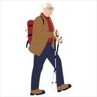 antiguo activo hombre de viaje con mochilas en vacaciones. contento mayor hombre caminando con nórdico caminando palos, senderismo. de colores plano ilustración de viajero aislado en blanco antecedentes vector