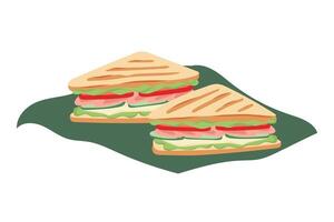 Two triangular sandwiches illustration. Two halves of a sandwich for breakfast or launch with tomato, salad and cucumber. illustration flat style isolated on white background vector