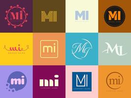 MI logo company template. Letter m and i logotype. Set different classic serif lettering and modern bold text with design elements. Initial font typography. vector