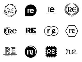 RE logo company template. Letter r and e logotype. Set different classic serif lettering and modern bold text with design elements. Initial font typography. vector