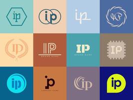 IP logo company template. Letter i and p logotype. Set different classic serif lettering and modern bold text with design elements. Initial font typography. vector