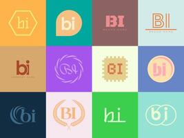 BI logo company template. Letter b and i logotype. Set different classic serif lettering and modern bold text with design elements. Initial font typography. vector