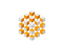 Cube logo, geometric design. Box logotype company, trendy tech emblem in pixel style. vector