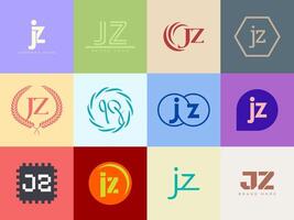 JZ logo company template. Letter j and z logotype. Set different classic serif lettering and modern bold text with design elements. Initial font typography. vector