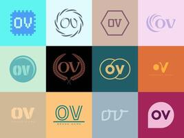 OV logo company template. Letter o and v logotype. Set different classic serif lettering and modern bold text with design elements. Initial font typography. vector