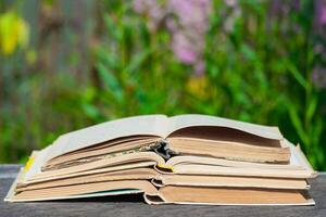 a stack of books lies on a wooden table on a background of nature photo