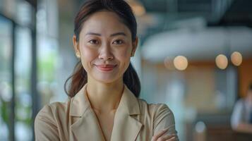 asian business woman standing in front of a restaurant photo