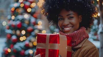 un mujer participación un Navidad regalo en frente de un Navidad árbol foto