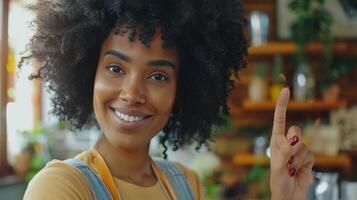 a woman with glasses and an afro is pointing at something photo