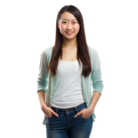 Young woman with long hair in casual clothing standing confidently with hands in pockets and smiling png