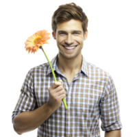 un sonriente hombre en un a cuadros camisa sostiene un naranja gerbera flor png