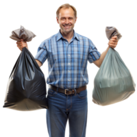 sonriente hombre sostiene dos basura bolsas, uno en cada mano png