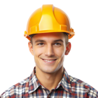 sorridente construção trabalhador dentro amarelo capacete png