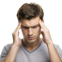 A young man standing indoors, holding his head and appearing to experience discomfort or a headache png