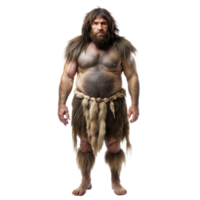 A caveman dressed in fur clothing stands barefoot with a stern expression, isolated on a transparent background png