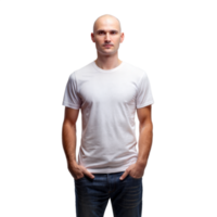 A man in a white t-shirt and jeans stands confidently against a transparent backdrop with hands in pockets png