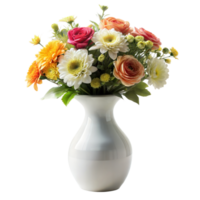 A white vase filled with a vibrant mix of flowers including roses, daisies, and chrysanthemums on a transparent background png