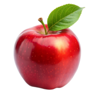 une Célibataire frais, brillant rouge Pomme avec une vert feuille, affiché sur une transparent Contexte png