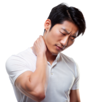 Young adult male in casual clothing rubbing his neck expressing discomfort or pain png