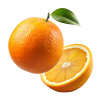 A whole orange and a cut half showcase fresh, vibrant fruit with a green leaf against a transparent background png