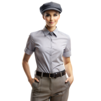 A woman wearing a gray shirt and hat is posing for a photo png