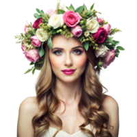 A woman with long, curly hair wearing a flower crown png