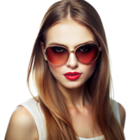 en kvinna med lång brun hår och röd läppstift är bär solglasögon png