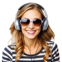 A woman wearing sunglasses and headphones is smiling png