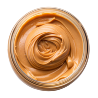 Close-up view of creamy peanut butter swirled inside a glass jar against a transparent background png