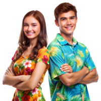 A young man and woman are posing for a photo in Hawaiian shirts png