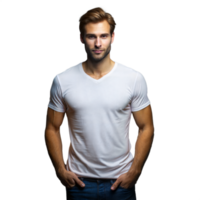 un confidente joven hombre en un blanco camiseta soportes con manos en bolsillos en contra un transparente estudio antecedentes png