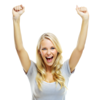 A woman with blonde hair is smiling and raising her arms in the air png