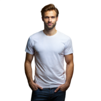 Smiling man in a white t-shirt and jeans, hands in pockets png