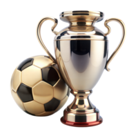 ein glänzend Silber Trophäe Tasse platziert neben ein schwarz und Gold Fußball Ball, isoliert auf ein transparent Hintergrund png