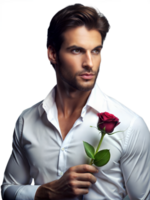 une homme dans une blanc chemise détient une rouge Rose png