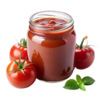 A glass jar filled with red tomato sauce, placed next to fresh tomatoes and basil leaves on a transparent background png