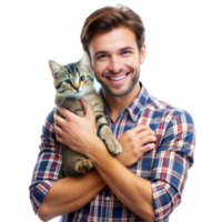 uma homem dentro uma xadrez camisa detém uma gato e sorrisos, em pé contra uma transparente fundo png