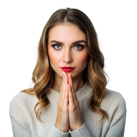 A woman with long brown hair and red lipstick is praying png