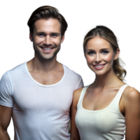 Young man and woman wearing casual white shirts smiling and standing against a transparent background png