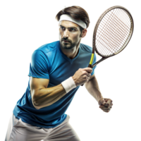 A determined tennis player in a blue shirt prepares to return a shot, with a focused expression and ready stance png