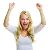 A blonde woman is smiling and raising her arms in the air png