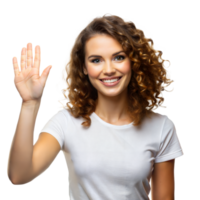 A woman with curly hair is smiling and waving at the camera png