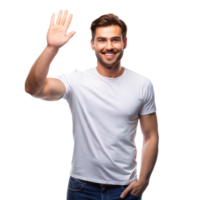 A cheerful man in a white t-shirt and jeans waves with a friendly smile png