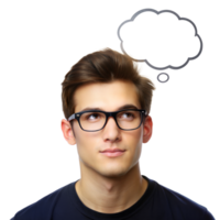 A pensive young man wearing glasses, looking up at a thought bubble, isolated on a transparent background png