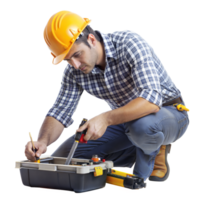 A construction worker in a yellow hard hat uses tools from a black tool box while kneeling on the floor png