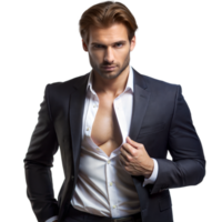 A confident man in a suit adjusts his collar while looking directly ahead against a transparent background png